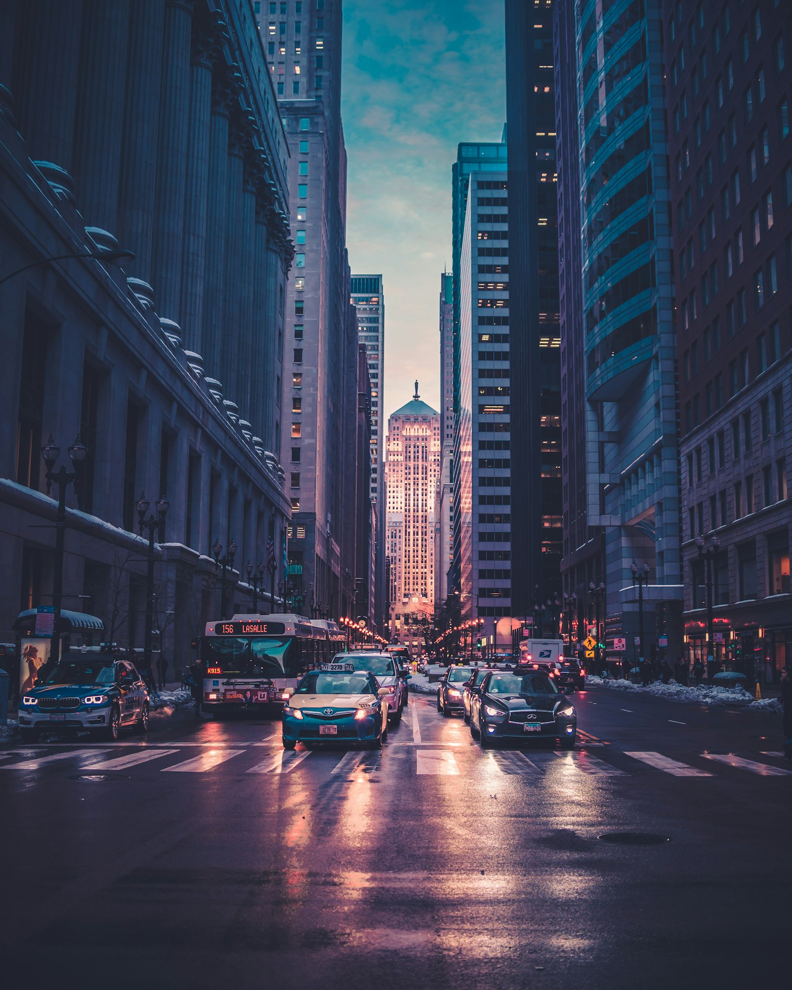 Rainy street at night with glowing lights